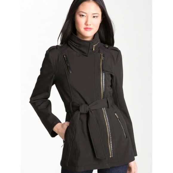 MICHAEL KORS~BLACK TRENCH COAT Asymmetrical Zip Military Style Jacket  SZ Medium - Picture 1 of 7